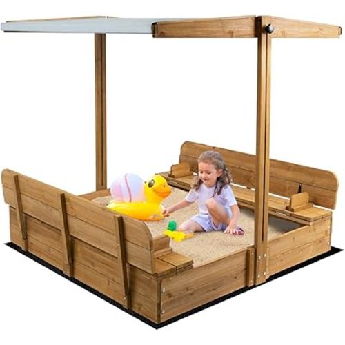 Wooden Kids Sandbox with Lid, Outdoor Sand Box with Adjustable Canopy and Two Foldable Bench Seats, Sandbox with Cover for Beach, Backyard, Bottom Liner & UV-Resistant, Gift for Kids Age 2-8, 47''