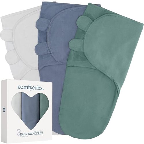 Comfy Cubs Easy Swaddle Blanket, 3 Pack - 100% Cotton Newborn Wrap, Large for 3-6 Months Infants, with Adjustable Velcro, Breathable and Durable Sleep Sack for Babies - Stone, Nomadic Blue & Azul