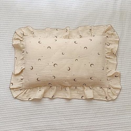 BuLuTu Muslin Toddler Pillowcases Girls Boys,Soft Breathable Cotton Kids Pillow Cover, Moon Star Pattern Shabby Chic Nursery Pillow Cases Enveloped Closure, 14"x20", 1 Piece