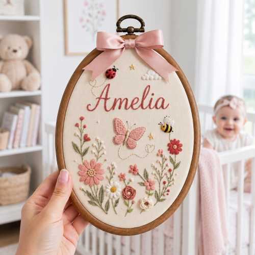 Personalized Butterfly Wildflower Baby Name Embroidery Hoop, Ladybug Bee Nursery Wall Art, Custom Girl Keepsake