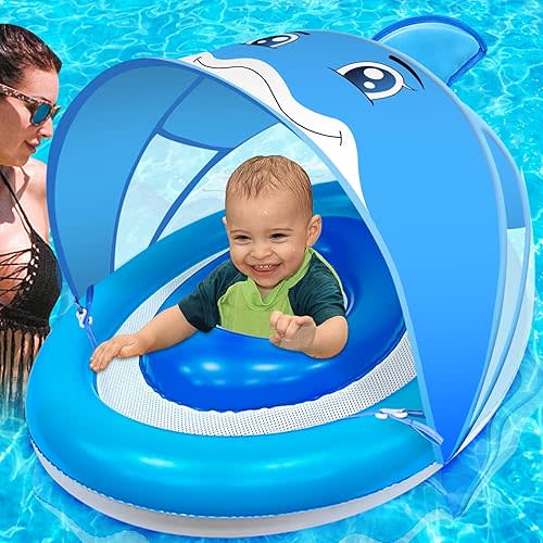 ​​AMENON Dolphin Inflatable Baby Pool Float for Toddlers 6-36 Months with UPF50+ 4 Stage Adjustable Sun Canopy, Non-Flip Safety Seat, Dual Air Chambers, Infant Swim Training Float for Pool