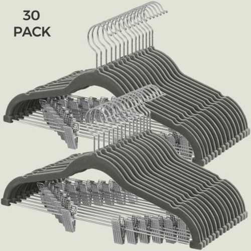 SONGMICS 30 Pack Skirt Pants Hangers Velvet Clips Hangers with Adjustable Clips Non-Slip Grey