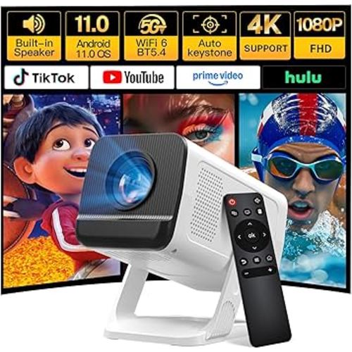 Mini Projector with WiFi 6 and Bluetooth 5.4 Built-in Apps for Bedroom Portable Projector Android 11 Smart Auto Keystone 1080P 4K Support Compatible with iOS/HDMI/TV Stick VisualCube 300