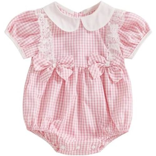 Karwuiio Infant Baby Girl Romper Short Sleeve Plaid Print Rompers Newborn Summer Clothes Embroidery Bodysuit with Headband