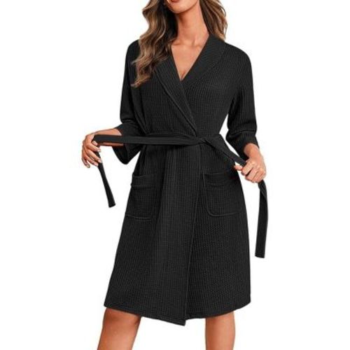 Ekouaer Robes for Women Waffle Knit Bathrobe Lightweight Robe Knee Length Loungewear with Pockets Black L