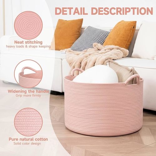 CLHMILY&Z Round Cotton Rope Storage Basket (Pink, XLarge(14.2"x22"))
