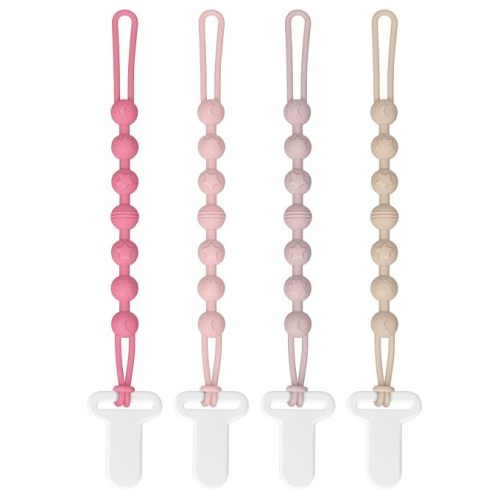 Pacifier Clip for Baby Girls and Boys, One-Piece 100% Food Grade Silicone Holder, Soft Flexible Newborn Essentials (4-Pack)