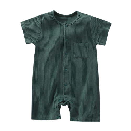 LIIPEE Boys Girls Onesie Summer Comfort Ribbed Short Sleeve Solid Color Round Neck Button Down With Pocket Romper Boys Versatile Outdoor Play One-Pieces,Dark Green,3-6 Months