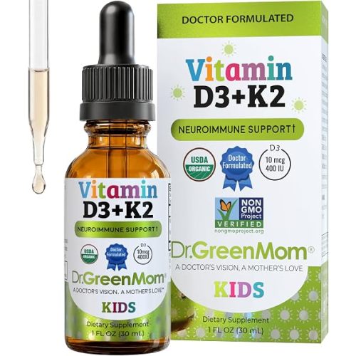 Dr. Green Mom Liquid Vitamin D 3 K2 Drops — Babies & Kids — Organic, 400 IU | in MCT Oil, Organic, Unflavored — 1 Drop a Day For Bone & Immune Support — 1 Fl Oz, 1180 Servings — Sugar Free, Non-GMO