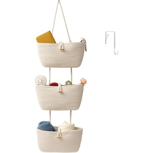 TeoKJ Over the Door Hanging Baskets with Button Strap, 3-Tier Woven Cotton Storage Organizer Bag, Wall-Mounted with Hook Decorative Hanging Kitchen Baskets - White
