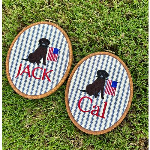 Baby’s Name Plaque Embroidered Fabric Wall Art for Nursery or Kids Room Golden Retriever or Black Lab American Flag Classic Decor