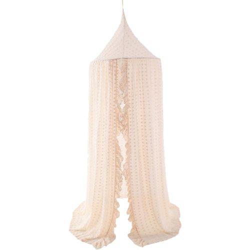 Wonder Space Elegant Kids Bed Canopy - Lace Chiffon Netting with Pom Pom, Princess Girls Fairy Dream Tent, Nursery Room Baby Crib Hanging Curtain Mosquito Net Children Reading Nook Decoration (Beige)