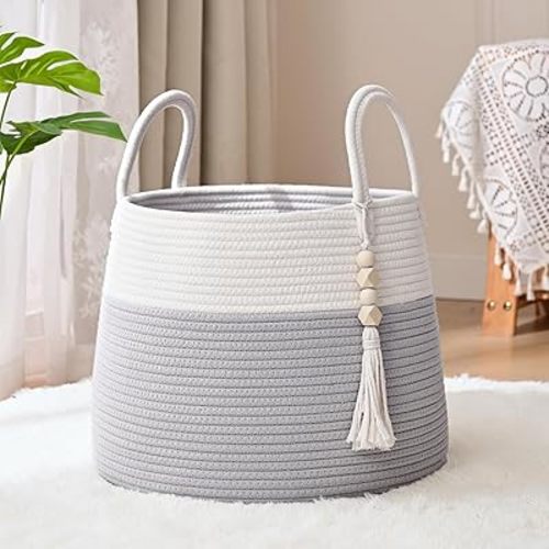 Large Nursery Hamper, 30L Blanket Basket with Handle, Baby Laundry Basket for Gift, Toy, Clothes, Woven Storage Basket with Wooden Bead Decor, Baby Hamper for Nursery (Grey)