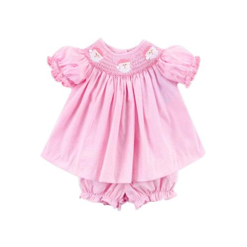 Happy Santa Smocked Pink Gingham Bloomer Set