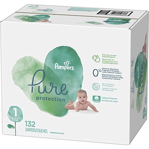 Diapers Size 1, 132 Count - Pampers Pure Protection Disposable Baby Diapers, Hypoallergenic and Unscented Protection, Enormous Pack (Packaging & Prints May Vary) - Size 1 (132 Count)
