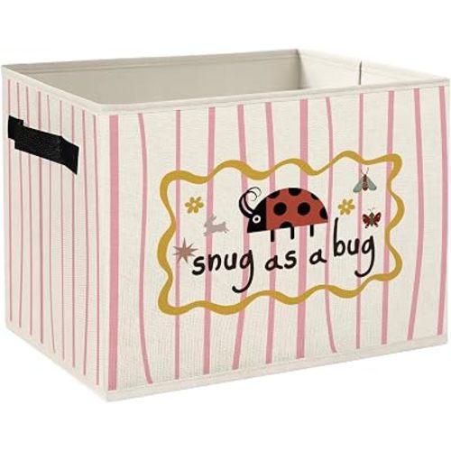 Ladybug Girl Nursery Storage Bins Box with Handles, Pink Striped Snug As a Bug Foldable Collapsible Basket Organizer for Books Clothes Kids Girls Room Bedroom Playroom Bathroom