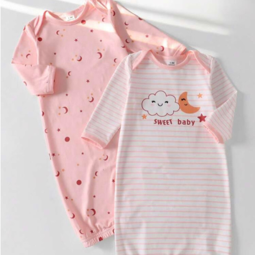 Newborn Baby Pajamas-Newborn Sleep Gown Long Sleeve Front Snap Elastic Hem Moon Cloud Print Pink Stripes Four Season 2026 New Year Essential | SHEIN USA