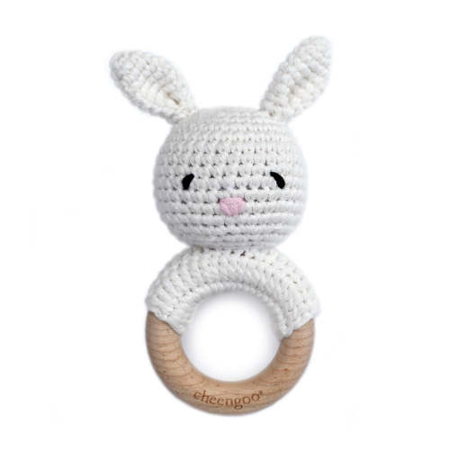Baby Bunny Rattle with Wooden Teething Ring - Snow – Cheengoo