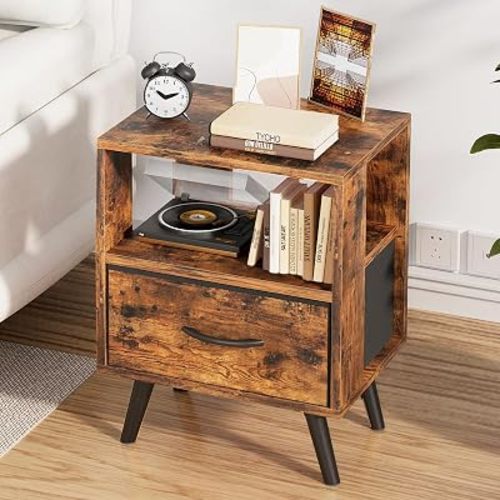Night Stand, Brown Nightstand with Drawer, Side Table with Open Storage, 2-Tier Modern End Table, Bedside Table for Small Space, Living Room, Bedroom
