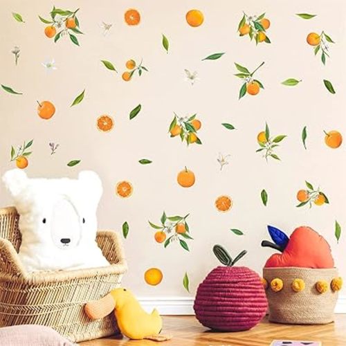 Orange Wall Decals Kitchen Wall Sticker Fruit Wall Stickers Peel and Stick Tangerines Green Leaves Wall Decals Fruit Leaf Stickers for Nursery Bedroom Laundry Kitchen