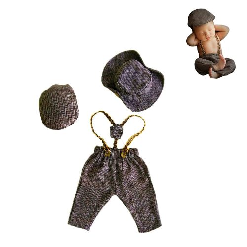3pcs Infant Baby Photo Outfits Romper Newborn Photography Caps Set Cool Monthly Boys Knitted Berets Hat Outfit Clothes