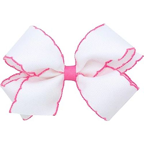 Wee Ones Girls' Classic Grosgrain Moonstitch Edge Hair Bow on a WeeStay Hair Clip, Contrasting Edge, Medium, White with Hot Pink Trim