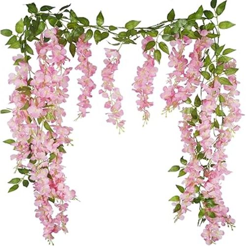 CISDUEO 2 Pcs Wisteria Hanging Flowers Wisteria Flowers Vine Garland Wedding Arch Decoration Pink Artificial Wisteria Vines Hanging Flower Vines Silk for Party Garden Home Table Backdrop 6 Feet