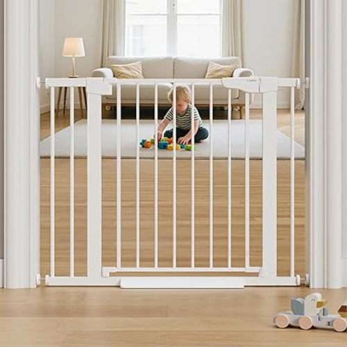Cumbor 29.7-40.6" Baby Gate for Stairs, Mom's Choice Awards Winner-Dog Gate for Doorways, Pressure Mounted Auto-Close Pet Gates for Dogs Indoor, Safety Child Gate with Easy Walk Thru Door, White