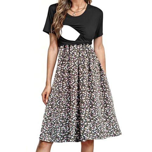 PARNIXS Women's Nursing Dress Summer Short Sleeve Patchwork Pregnancy Clothes with Pockets