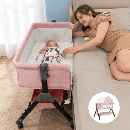 Convertible Baby Bassinet,Foldable Newborn Bedside Sleeper with Changing Table,Storage Basket, Bassinet for 0–36 Months (Pink)
