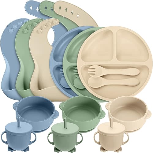 18 Pcs Silicone Baby Feeding Set Infant Dinnerware Adjustable Silicone Toddler Bibs Baby Plates and Bowls Set Suction Bowls Divided Plates Spoons Fork Cups Utensils (Gray Blue, Navy Green, Beige)