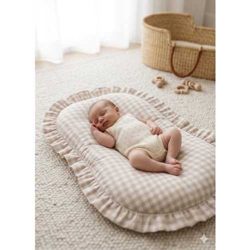Beige Gingham Baby Lounger Cover – Neutral Cotton, Washable Ruffle Lounger Slipcover