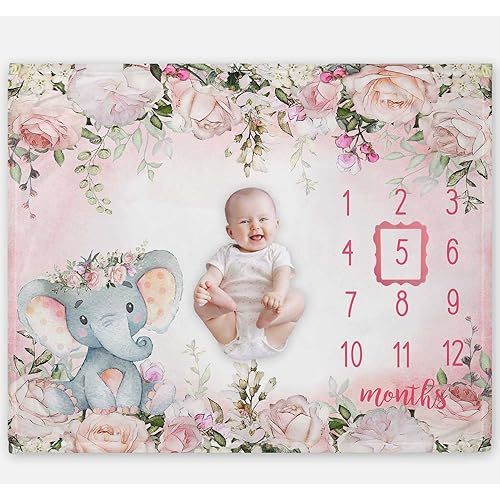Yuzioey Baby Girl Monthly Milestone Blanket, Floral Elephant Month Blanket for Newborn Baby Shower, Pink Elephant Girl Flower Blanket Growth Chart Monthly Blanket, Includes Marker (50x40)