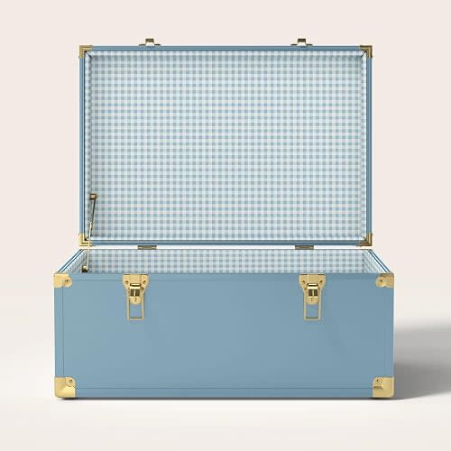 Momento Baby Keepsake Trunk | Personalized Heirloom Memory Box | Handcrafted in USA | Metal & Plywood Construction | Standard Size 20" (Blue/Blue Gingham)