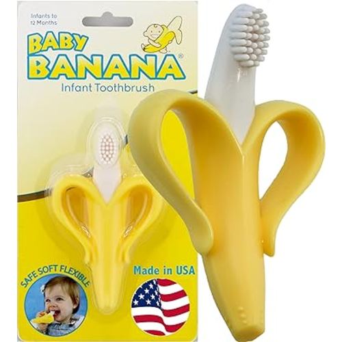 The Original Baby Banana Toothbrush Training Teether Toy, for Babies Infants Toddlers; Teething Relief for Sore Gums, Massaging Soothing; Safest Food Grade Silicone; USA Family-Owned Business