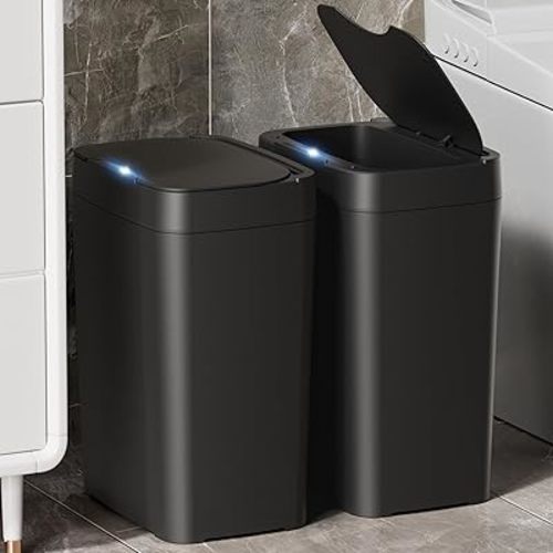 2 Pack 2.7 Gal Bathroom Trash Can with Lid, Automatic Trash Can Small Smart Garbage Can Touchless, Slim Motion Sensor Waterproof Plastic Trash Bins for Bedroom Office Kitchen Toilet Black