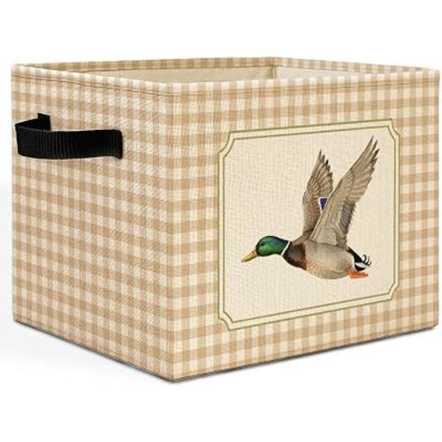 Mallard Duck Checkered Nursery Storage Bins Box with Handles, Beige White Plaid Flying Mallard Laundry Basket Hamper Collapsible Clothes Toys Organizer for Boys Kids Room Bathroom