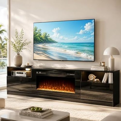 70" Fireplace TV Stand for TVs Up to 80",Entertainment Center with 36” Electric Fireplace and 12 Colors LED Lights,Large TV Console with Storage Cabinet for Living Room,All Black