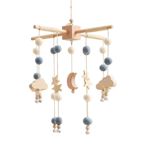 Wooden Baby Crib Mobile with Bells, Musical Nursery Hanging Toy Decor