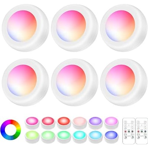 LED Puck Lights with Remote Control, Wireless Under Cabinet Lighting,Color Changing Lights with Dimmer and Timer, AAA Battery Operated Powered Push Night Lights (6 Pack White)