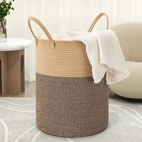 58L Cotton Rope Laundry Basket (20"x15"),Woven Basket for Storage Dirty Clothes Basket for Laundry, Living Room, Nursery, Bedroom Rope Storage Basket for Blankets（Brown/Stitches）