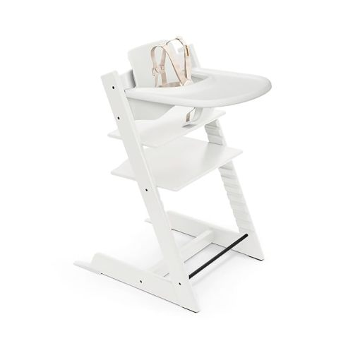 Stokke Tripp Trapp High Chair White with White Tray Signature Edition Includes Chair + Tray + Baby Set with Removable Harness for Children 6-36 Months - Adjustable, Ergonomic & Easy to Clean