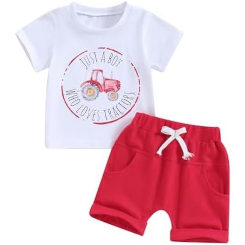MERSARIPHY Toddler Boy Summer Clothes Baby Boy Farm Outfit Funny Letter Tractor T-Shirt Tops Elastic Waist Shorts 2 Piece Set