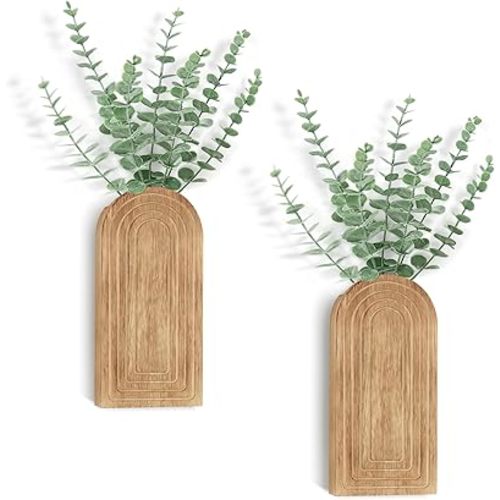 Dahey Wood Wall Planter Vase with Artificial Eucalyptus, 2 Pack Hanging Planter for Indoor Fake Plants Modern Boho Farmhouse Wall Art Decor for Bathroom Bedroom Kitchen Office Home Decoration, Natural