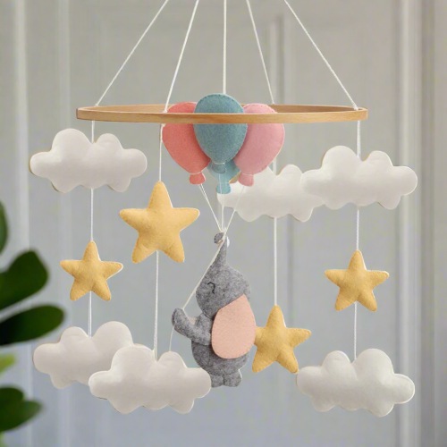 Elephant Baby Mobile – Clouds, Stars & Balloons Nursery Hanging | Handmade Crib Decor