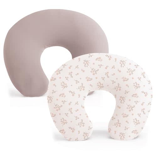 Konssy 2 Pack Nursing Pillow Covers, Stretchy and Soft Nursing Cover for Breastfeeding Pillows, Pillow Slipcover for Baby Girls Boys Newborn (Soft Blooms,Taupe)