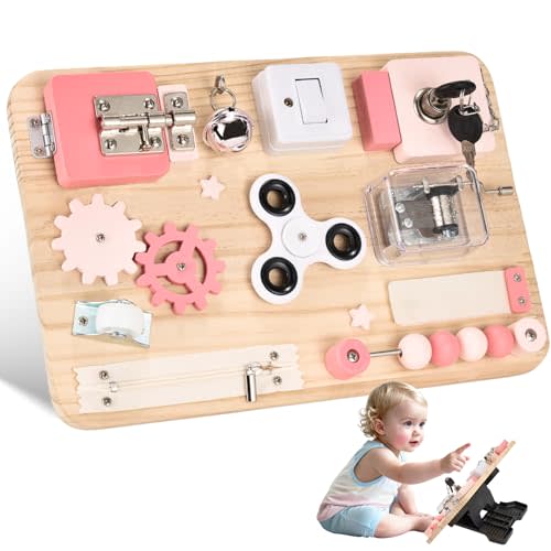 Potatomato Pink Montessori Wooden Busy Board – Sensory Toy for Toddlers – Educational Activity Board for Kids Fine Motor Skills– Travel Fidget Toy for Girls & Boys – Birthday Gift for Autism & ADHD