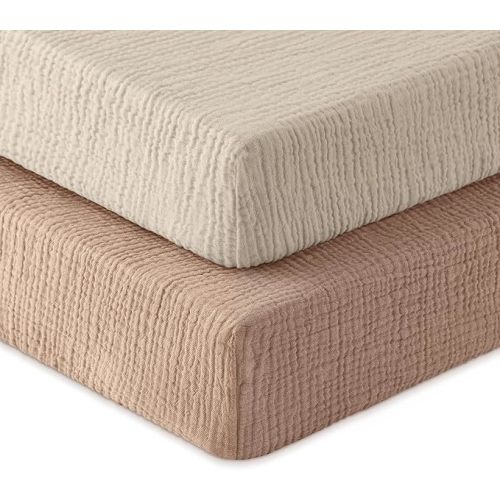 Muslin Crib Sheets for Boys Girls, 100% Cotton Fitted Crib Sheet 2 Pack for Standard Crib and Toddler Mattress, Breathable Soft Baby Sheet 28x52x8in Beige & Brown