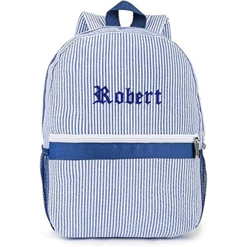 Toddler Backpack Personalized Daycare Backpack for Boys 5-8 Seersucker Kids Backpack Preppy Elementary Packpacks Kids Bookbags for Daily School Birthday Gifts (Blue)