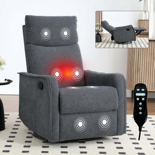 Leumius Recliner Chair with Massage and Heat,360° Manual Swivel Rocker Chair for Adults,Upholstered Fabric Glider Recliner Nursery Chair with Side Pockets for Living Room,Dark Gray